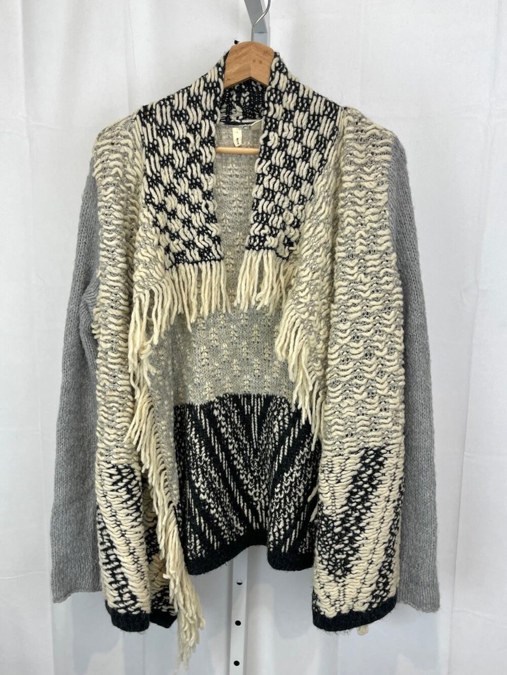 MOTH Anthropologie Alba Fringe Sweater Open Cardigan Wool Alpaca Cream Gray XS